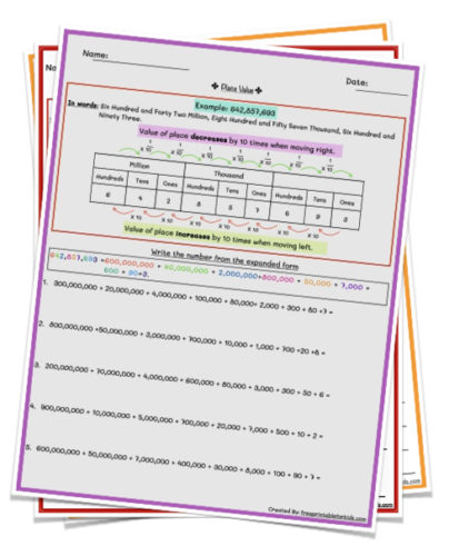 Place Value ( Nine Digit) worksheets 
