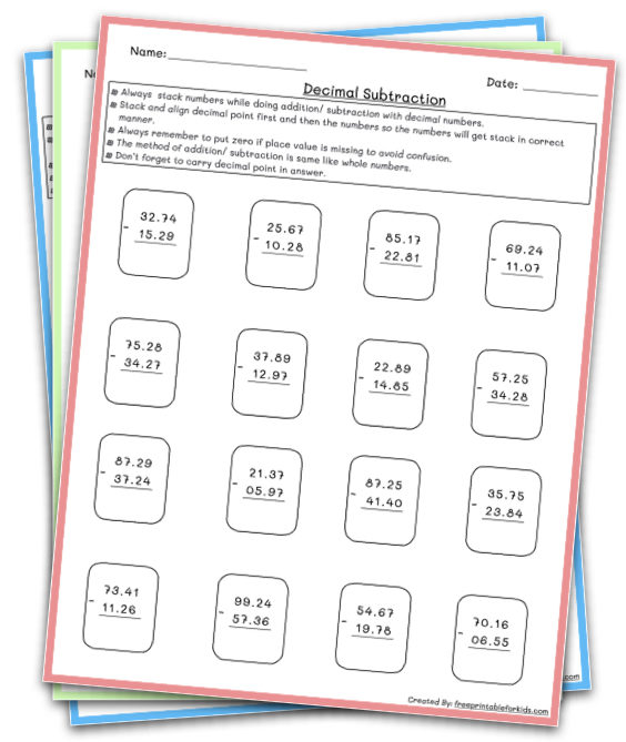 decimal addition subtraction worksheets for fourth grade